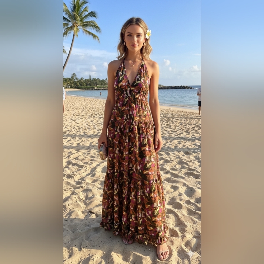 Y2K Silk Parrot Print Halter Maxi Dress XS Open Back Tiered Moda International